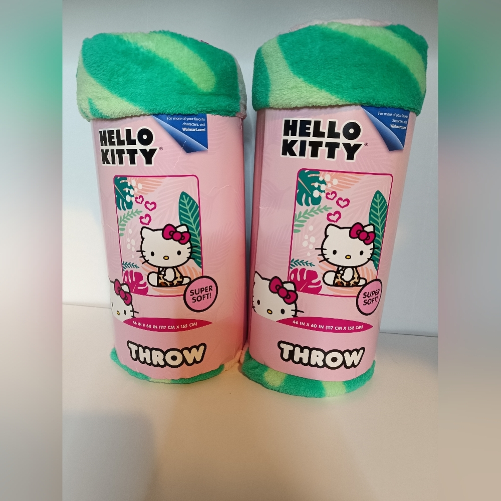 Lot Of 2 Hello Kitty Print Fleece Throw Blanket 46 x 60 Tropical Cheetah Anime